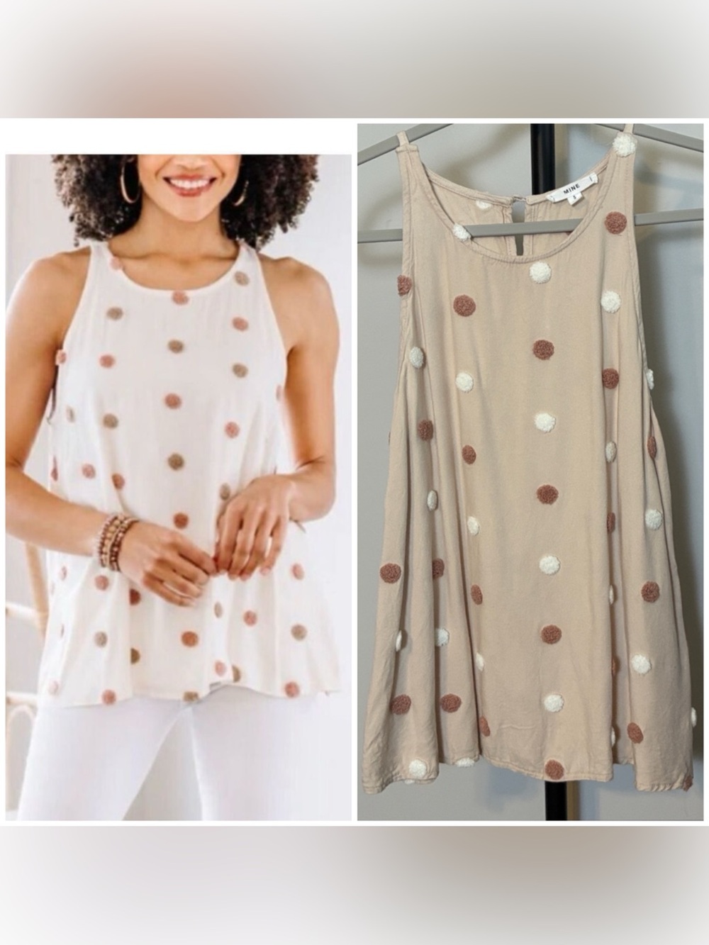 MINE Cream Top with White and Tan 3D Textured Polka Dots Sleeveless Small - Picture 1 of 7